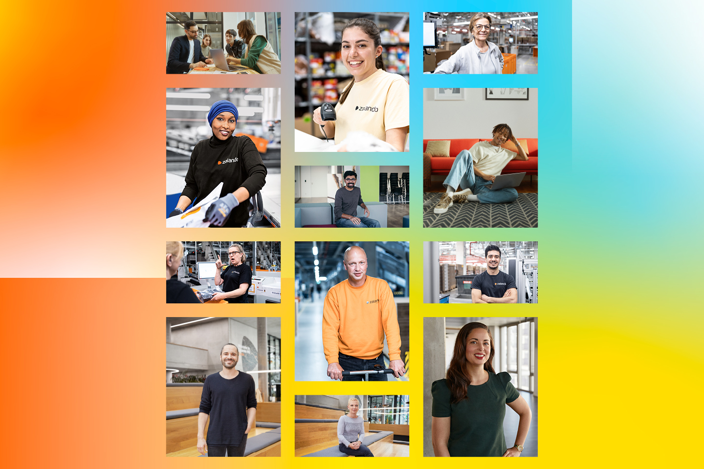 Collage of photos of Zalando employees working in offices and logistics.