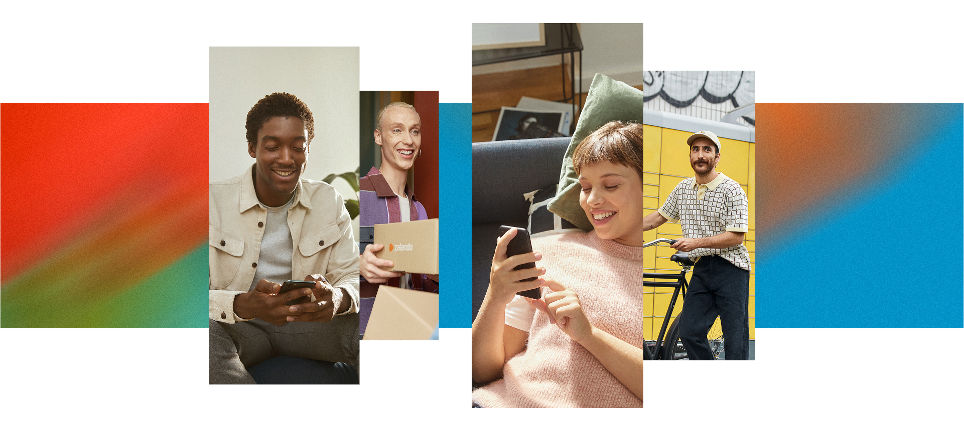 Collage of Zalando consumers in different stages of shopping; on their phone, receiving a parcel, picking up a parcel