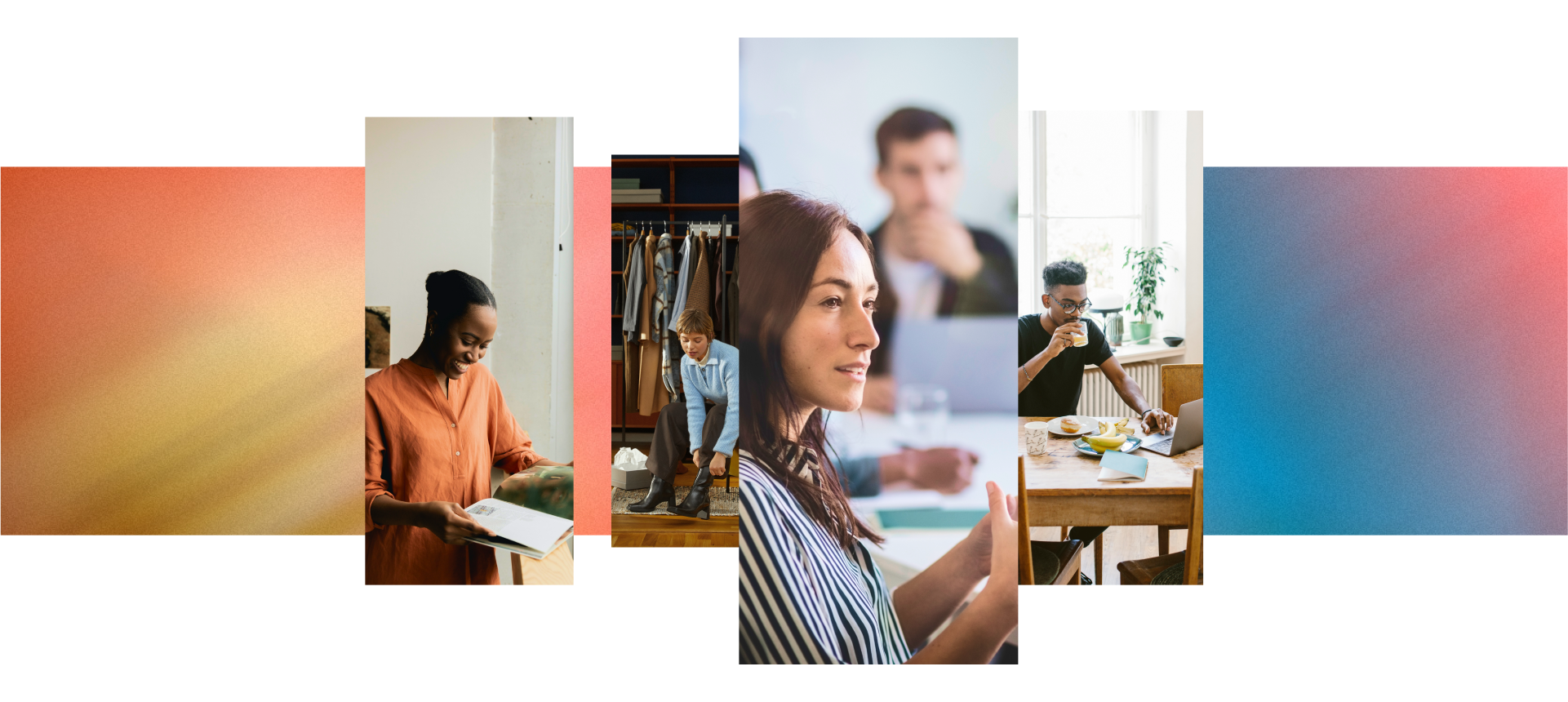Collage of Zalando consumers; reading a magazine, putting on boots, in discussion, eating at their laptop