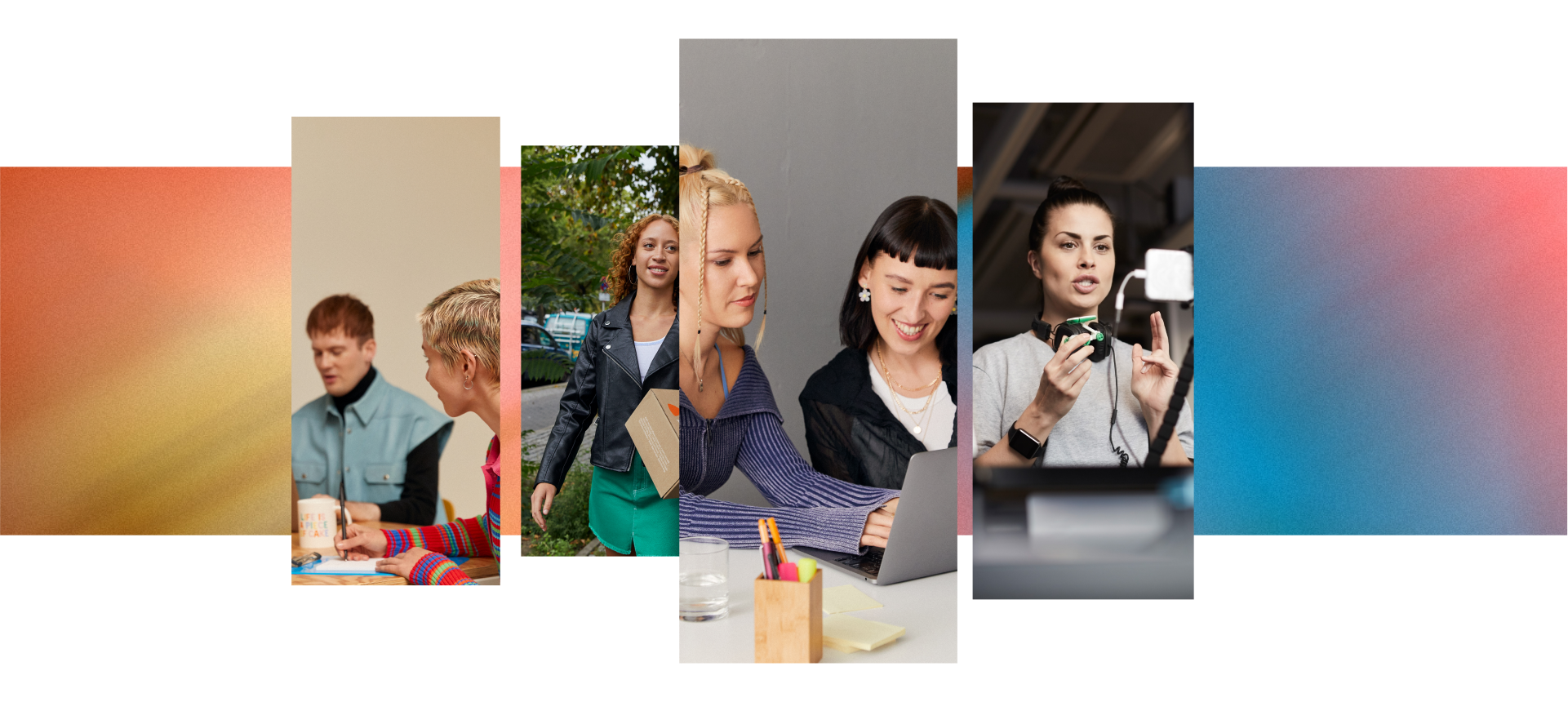 Collage: people during the design stage, someone carrying a Zalando parcel, two women at a laptop, a woman during a recording session