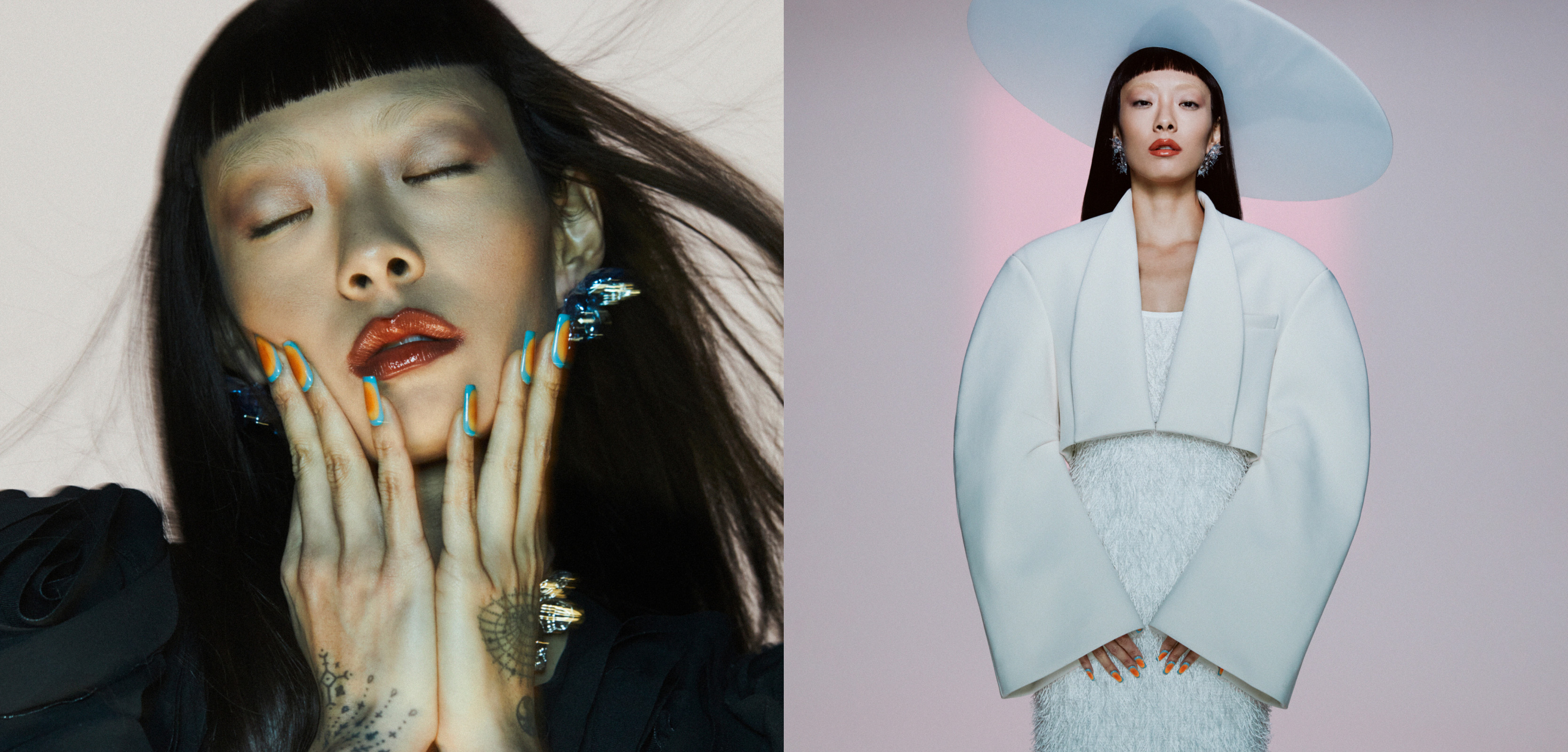 Collage; left: Rina Sawayama in a black outfit and very colorful fingernails; right: Rina Sawayama in a white outfit with a large hat