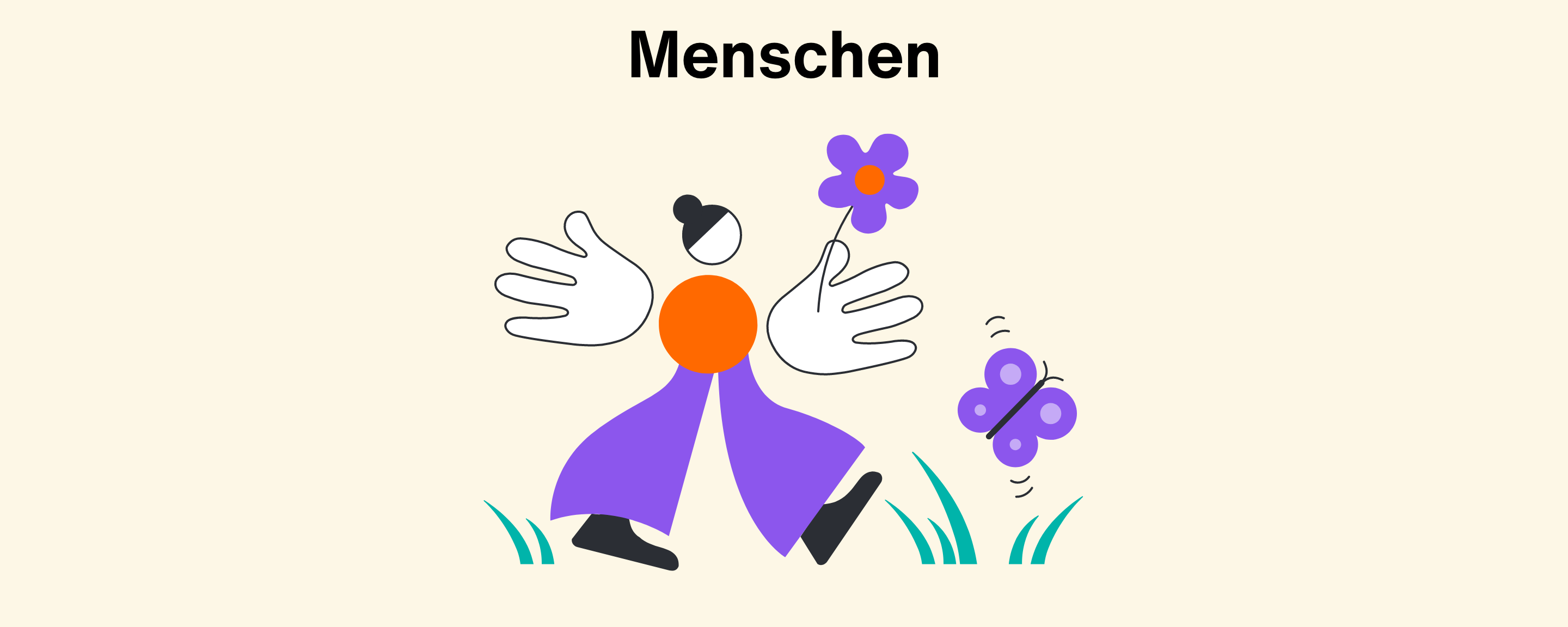 Überschrift: Menschen; Illustration einer Person mit Blume und Schmetterling