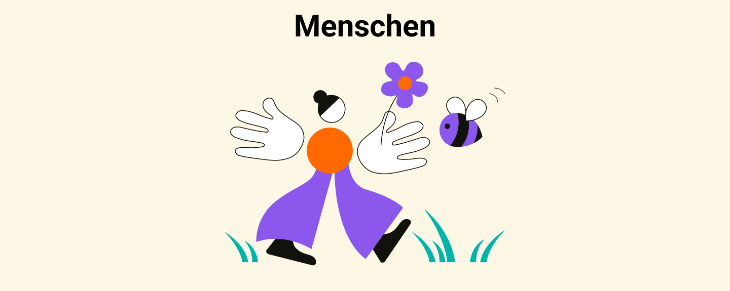 Überschrift: Menschen; Illustration einer Person mit Blume und Biene