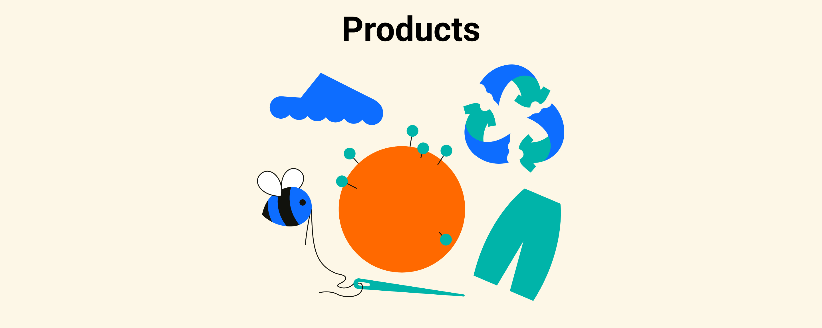 Headline: Products; Illustration of a stylized earth surrounded by a show, trousers, recycling sign and a bee holding needle and thread