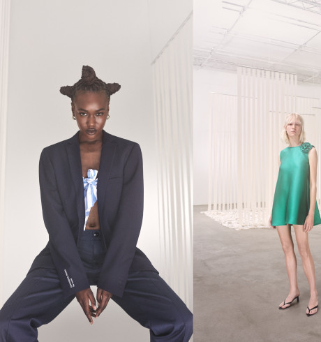 Collage: one fashion model wearing a power suit, one wearing a short green dress, one wearing a long layered dress