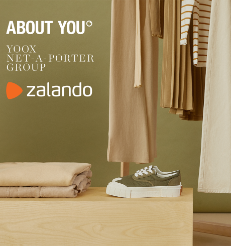 The Logos of Zalando, About you and Net-a-Porter on a background image displaying a wardrobe of all beige garments and a pair of green sneakers