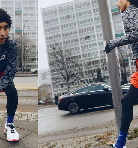 Male model in running gear; two running positions