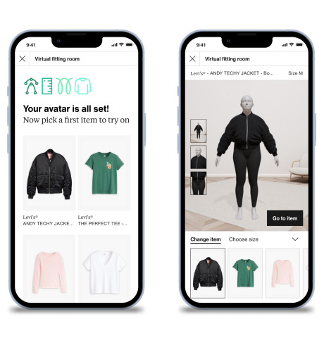 Screenshot flow of the virtual fitting room experience, where a 3D avatar tries on different sizes