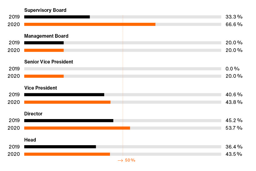 Graph shows the share of internationals in leadership at Zalando. Supervisory Board: 33.3% in 2019 and 66.6% in 2020. Management Board: 20% in 2019 and 2020. Senior Vice President: 0% in 2019 and 20% in 2020. Vice President: 2019 at 40.6%, 2020 at 43.8%. Director: 2019 at 45.2% and 2020 at 53.7%. Head: 2019 at 36.4% and 2020 at 43.5%.