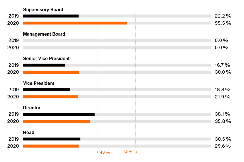 Graph shows share of women in leadership positions. Supervisory Board: 22.2% in 2019, 55.5% in 2020. Management Board: 0.0% in 2019 and 2020. Senior Vice President: 16.7% in 2019, 30% in 2020. Vice President: 2019 at 18.8%, 2020 at 21.9%. Director: 2019 at 38.1%, 2020 at 35.8%. Head: 2019 at 30.5%, 2020 at 29.6%.