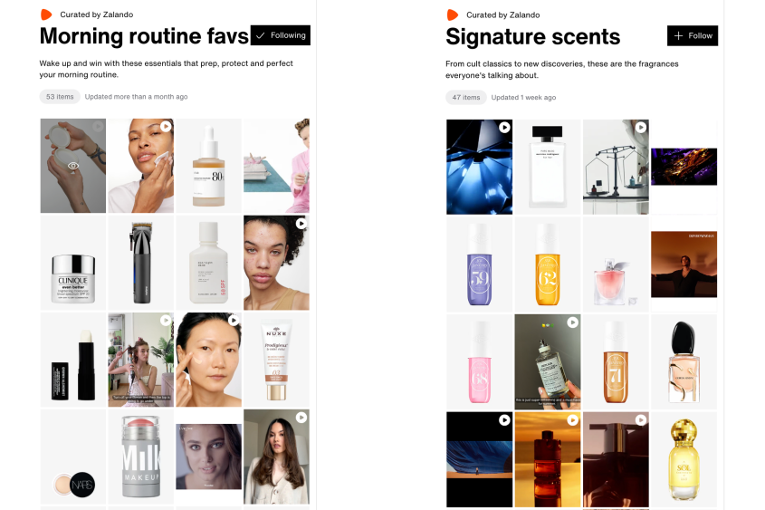 Two Zalando Boards showing Morning routine favs and Signature scents respectively
