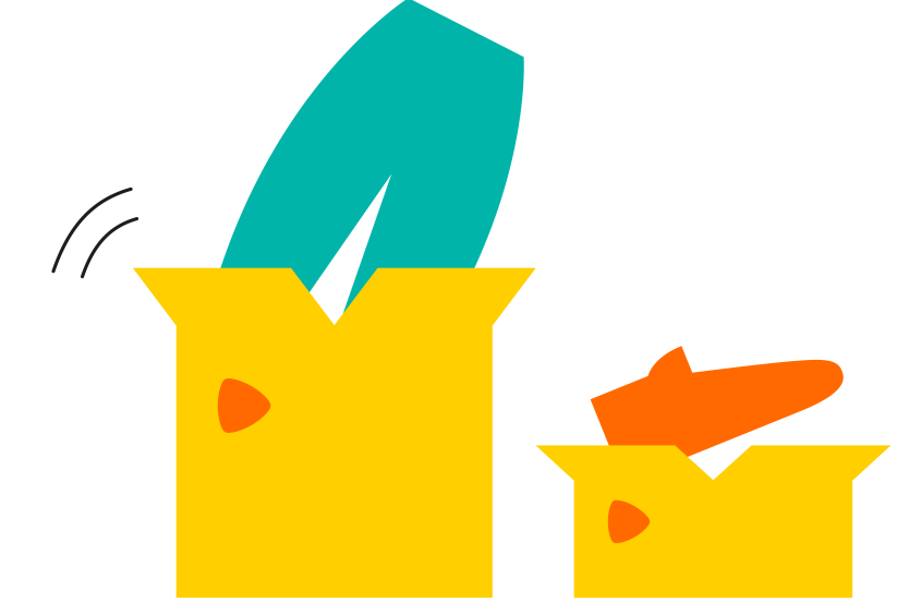 Illlustration showing two yellow boxes with Zalando beacon, one holding a shoe the other a belt