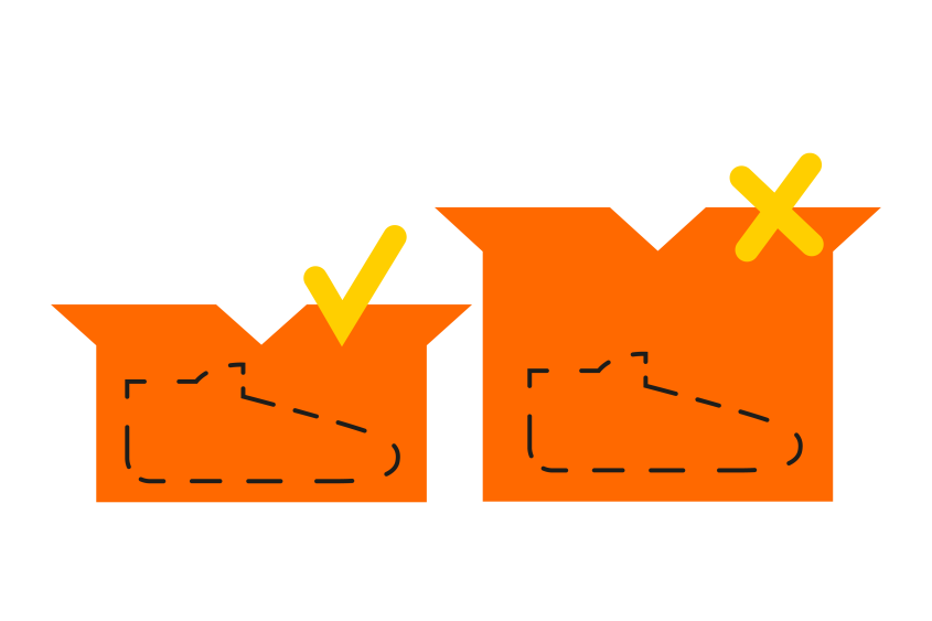Illlustration showing two orange boxes with a show inside, one is too big for the shoe, it is crossed out; the other one fits well, therefore has a checkmark