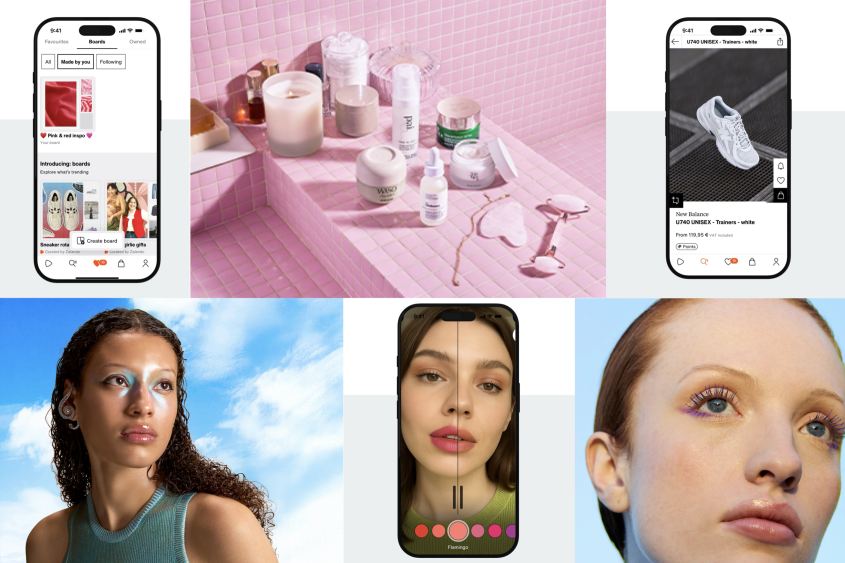 Collage of six images; two mobile screens showing the shopping experience, two beauty head shots, one marketing shot of beauty products