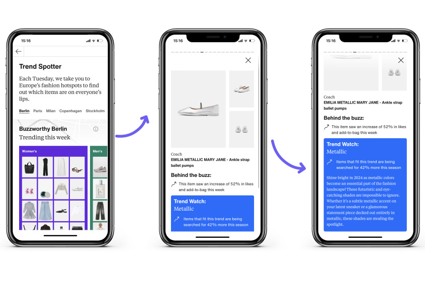 Three mobile screens showing the Zalando trend spotter functionality; 1: Landingpage: Buzzworthy Berlin, Trending this week: overview different trending items of clothing; 2 detail page of metallic ballerina pumps; 3 showing info on how it is currently trending - behind the buzz: this item has X percent increase in likes and add-to-bag