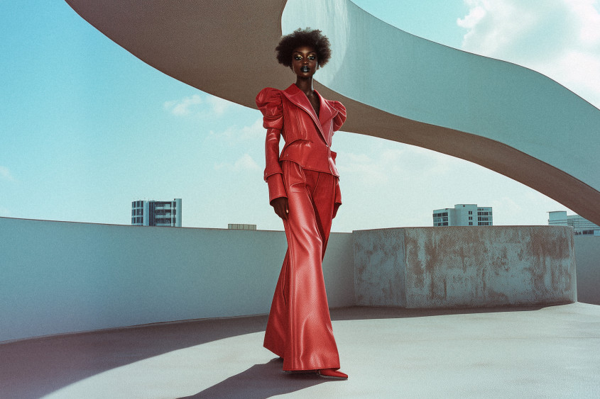 A Black fashion model wearing a bright red power suit with exaggerated shoulder area; she is standing on a rooftop terrace with very graphic architecture behind her