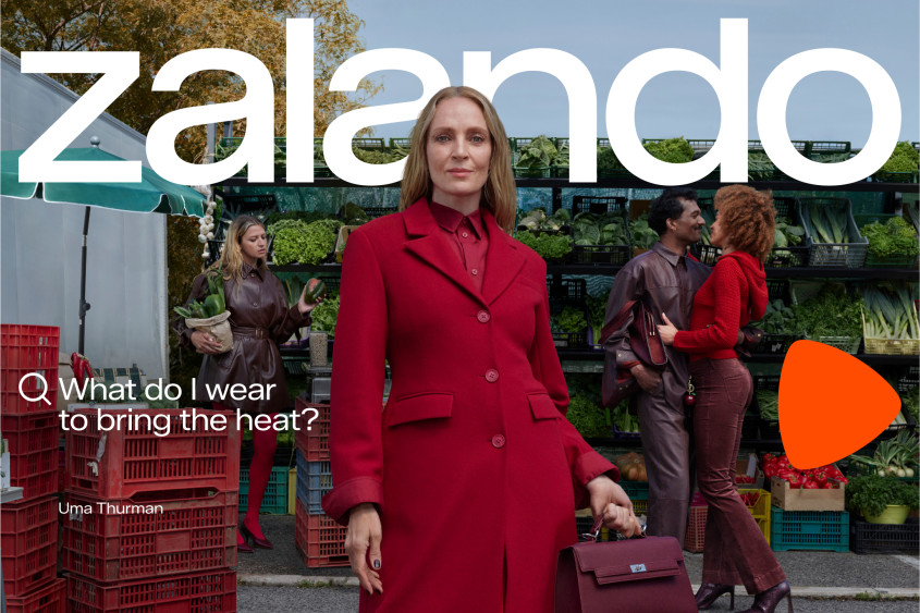 Uma Thurman stands at a marketplace for Zalando