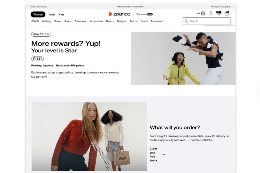 Zalando shop homepage with big wolt teaser element