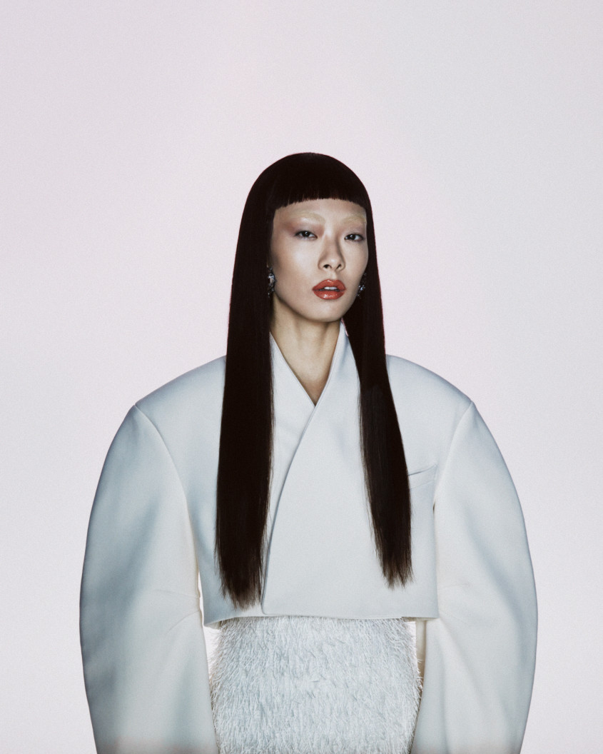 Rina Sawayama in a white outfit for Zalando
