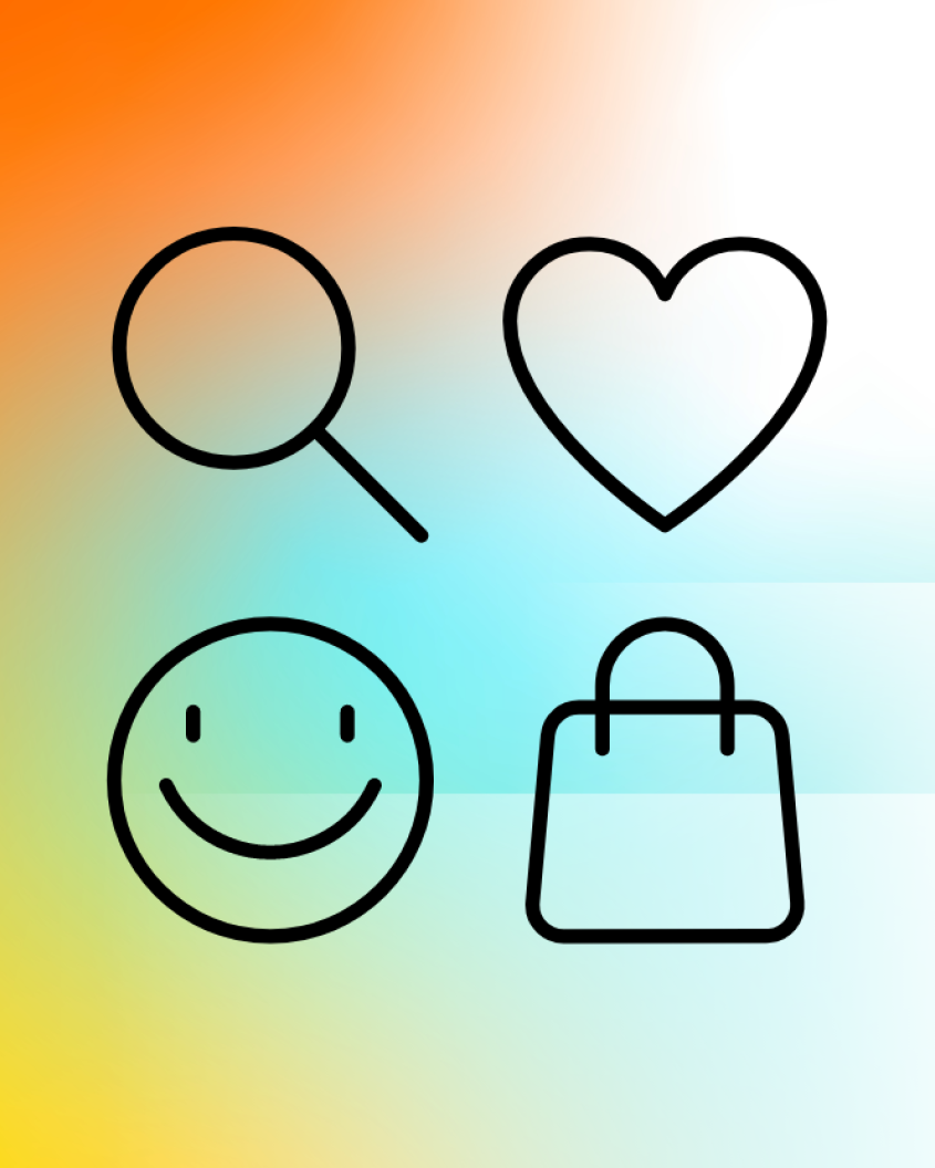 Four symbols (magnifying glass, heart, smiling smiley and a bag) centrally in front of a colourful background.