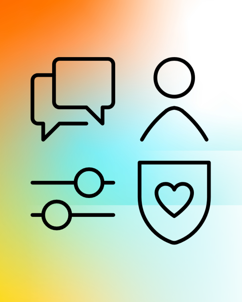Four symbols (speech bubbles in the form of a dialogue, person icon, two parallel lines with differently placed dots and a label with a heart) centrally in front of a colourful background.