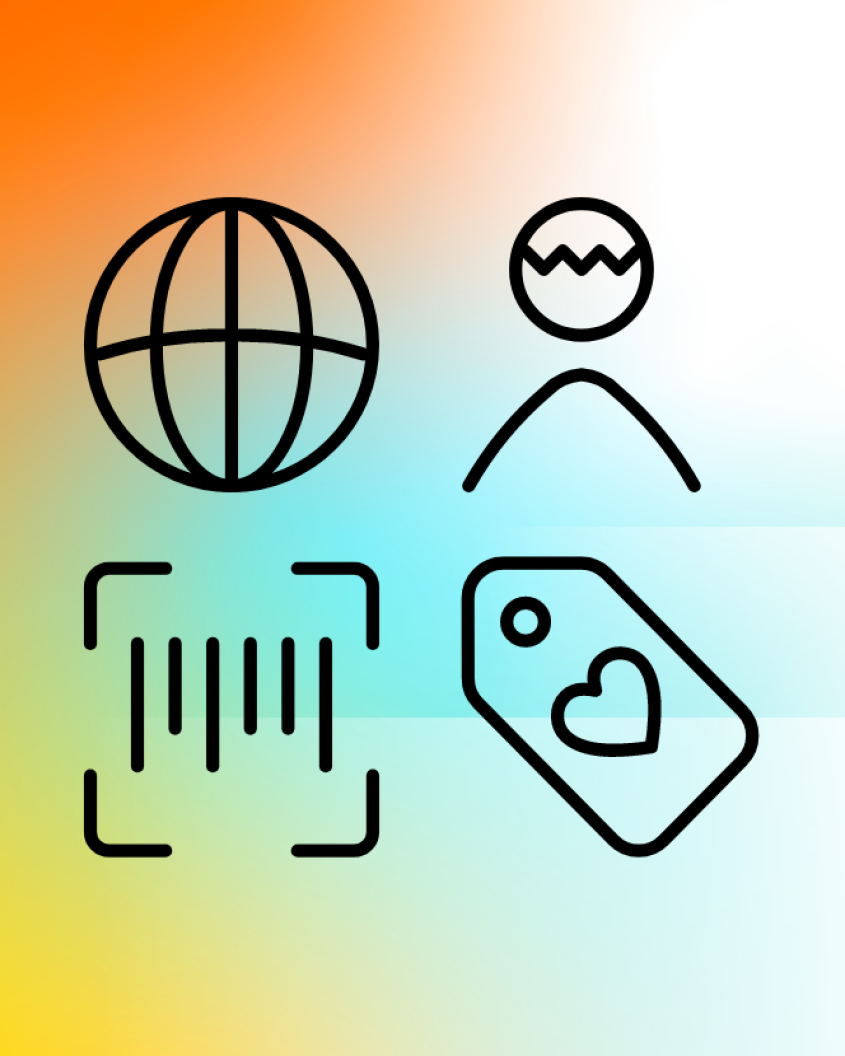 Four symbols (globe, person icon with short hair, a square with centrally located parallel lines of different lengths and a label with a heart) centrally located against a colourful background.