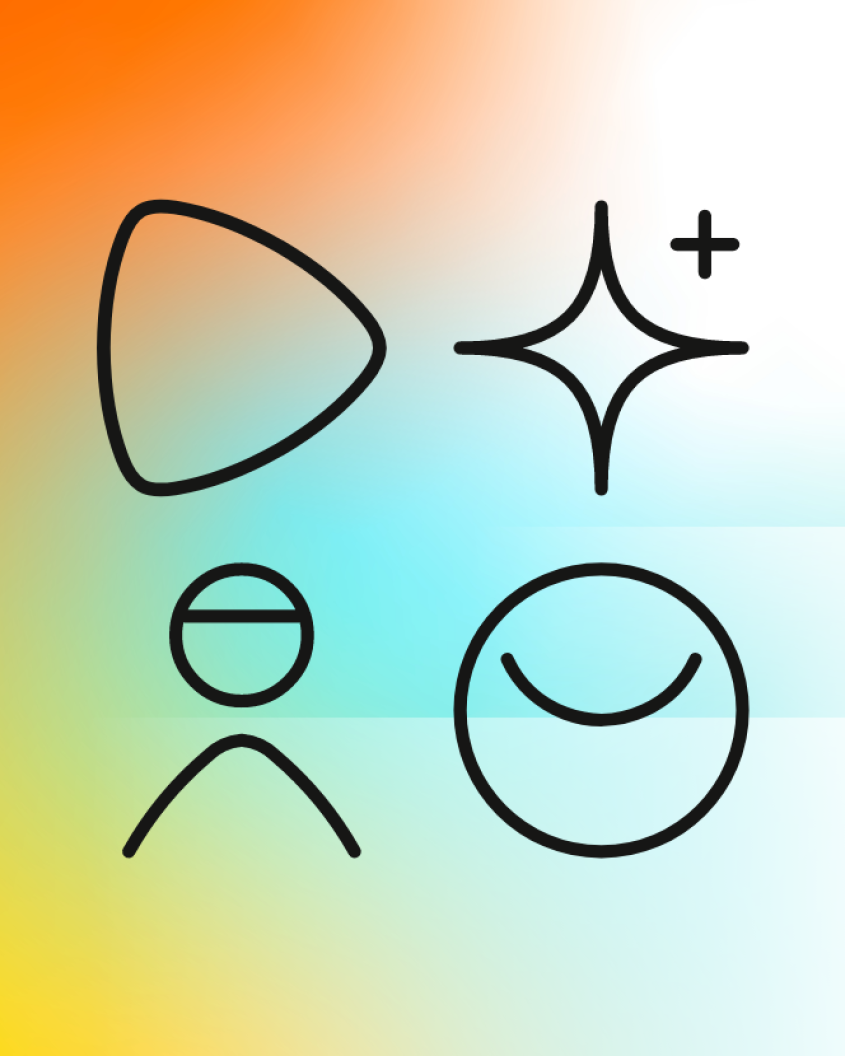 Four symbols (Zalando brand icon, sparkling star, person icon with short hair and a circle representing the workplace) in the centre of a colourful background.