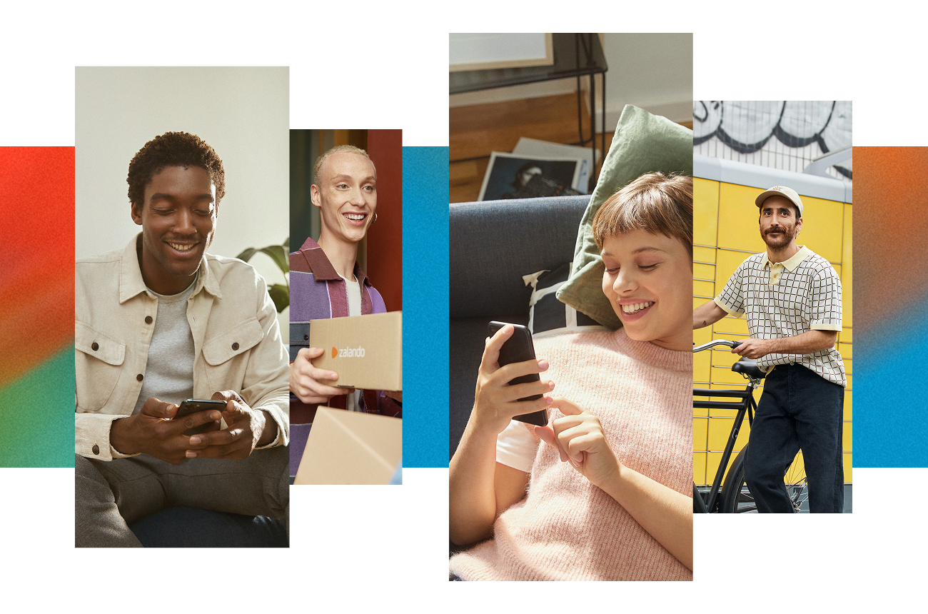 Collage of Zalando consumers in different stages of shopping; on their phone, receiving a parcel, picking up a parcel
