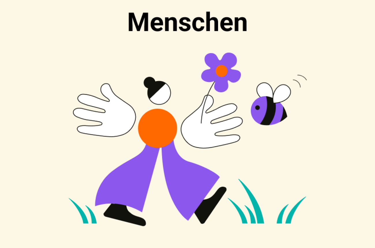 Überschrift: Menschen; Illustration einer Person mit Blume und Biene