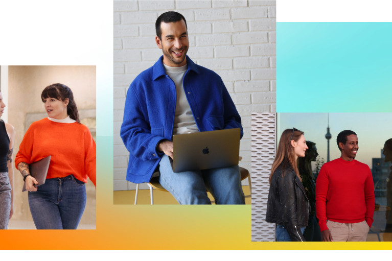 Titelbild des D&amp;I-Reports 2022 von Zalando: Eine Collage aus Fotos von Zalando-Mitarbeiter*innen