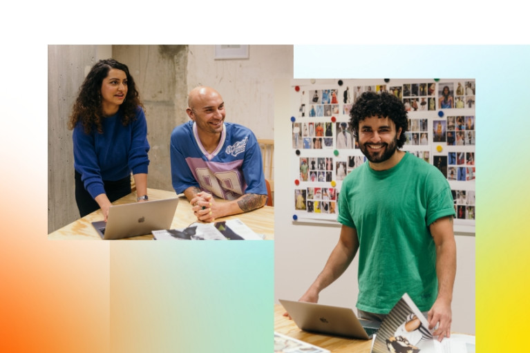 Collage: two pictures of Zalando employees working on laptops