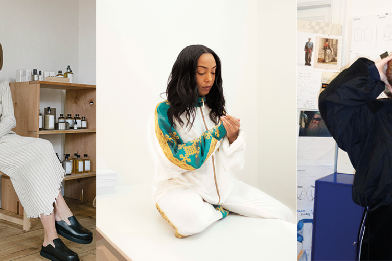 Collage: three portraits: left: woman in a light dress sitting on a chair looking at the camera; middle: woman in a white jumpsuit looking at her hands; right: woman in a black jacket tying up her hair