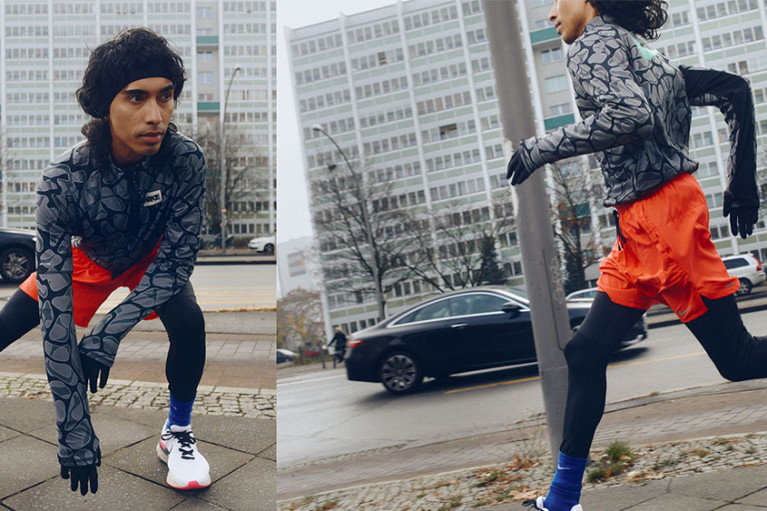 Male model in running gear; two running positions
