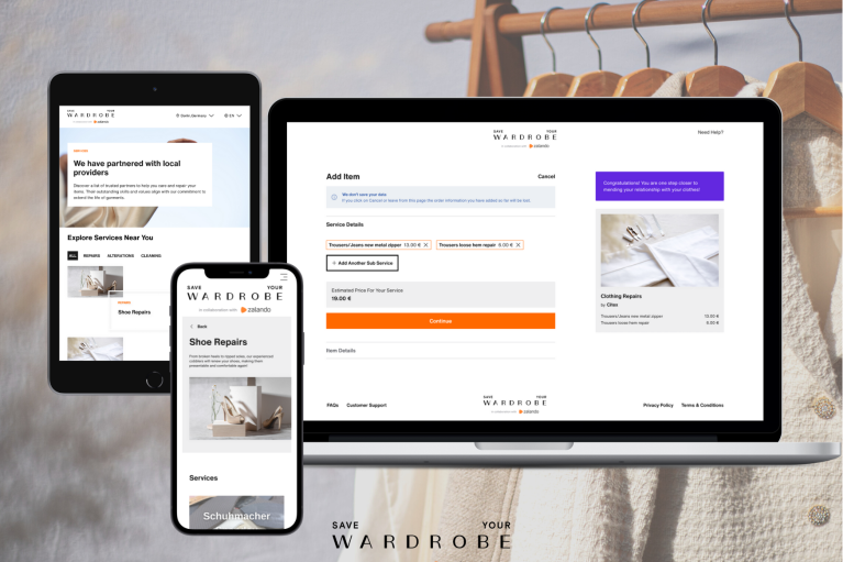 Three devices - Macbook, tablet, phone - showing the save your wardrobe website