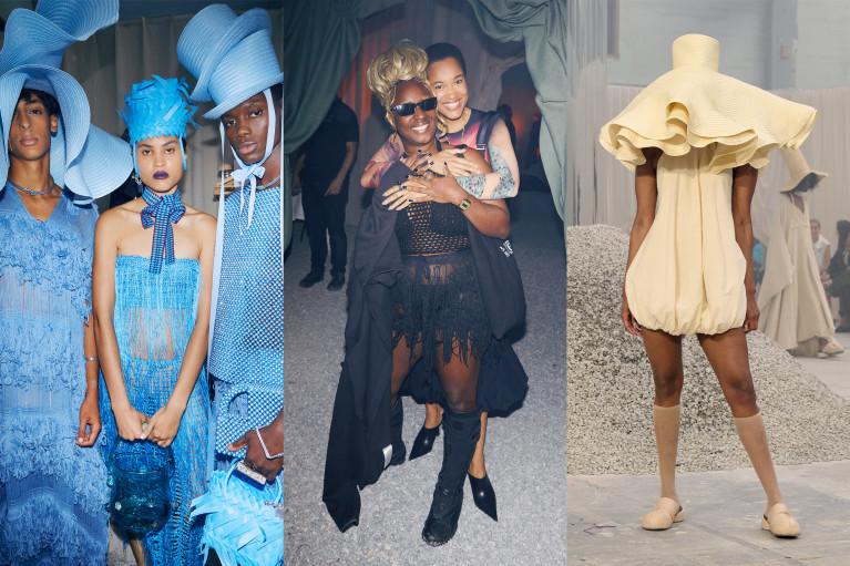 Collage: Two IAMISIGO runway images and Bubu posing for the camera with another woman
