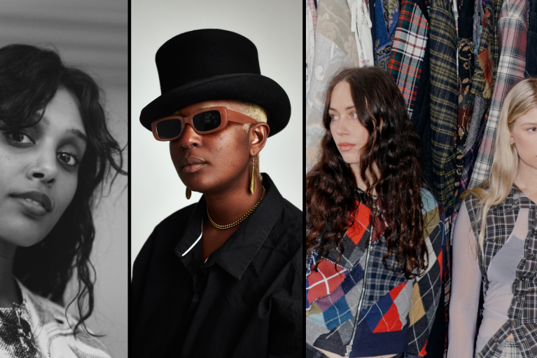 Collage of three images: 1: young woman looking into the camera; 2: black woman with short blond hair wearing sunglasses and a top hat; 3 two women with strongly patterned shirts in front of hanging clothes