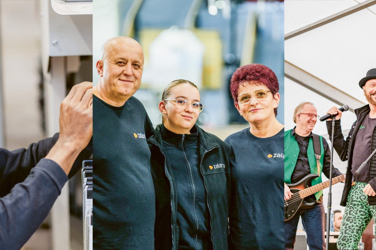 Collage: a logistics employee working, three employees in zalando outfit looking into the camera, a band of three on stage during a concert