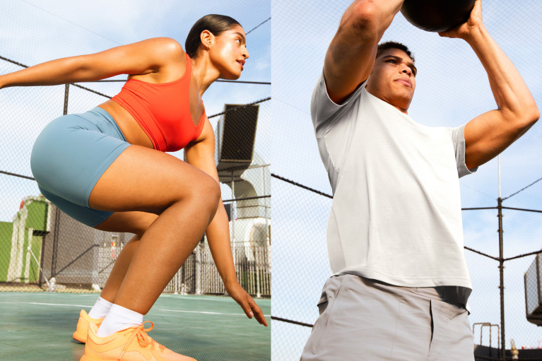 A woman in sportswear on training site; a man in sportswear preparing to throw a ball