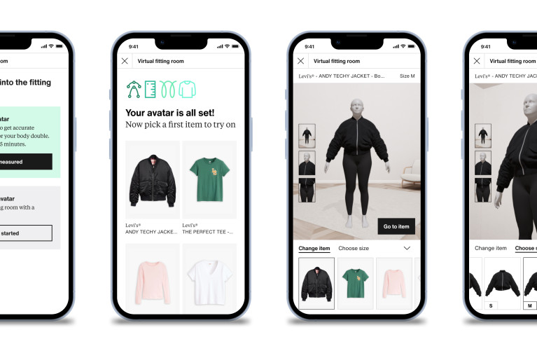 Screenshot flow of the virtual fitting room experience, where a 3D avatar tries on different sizes