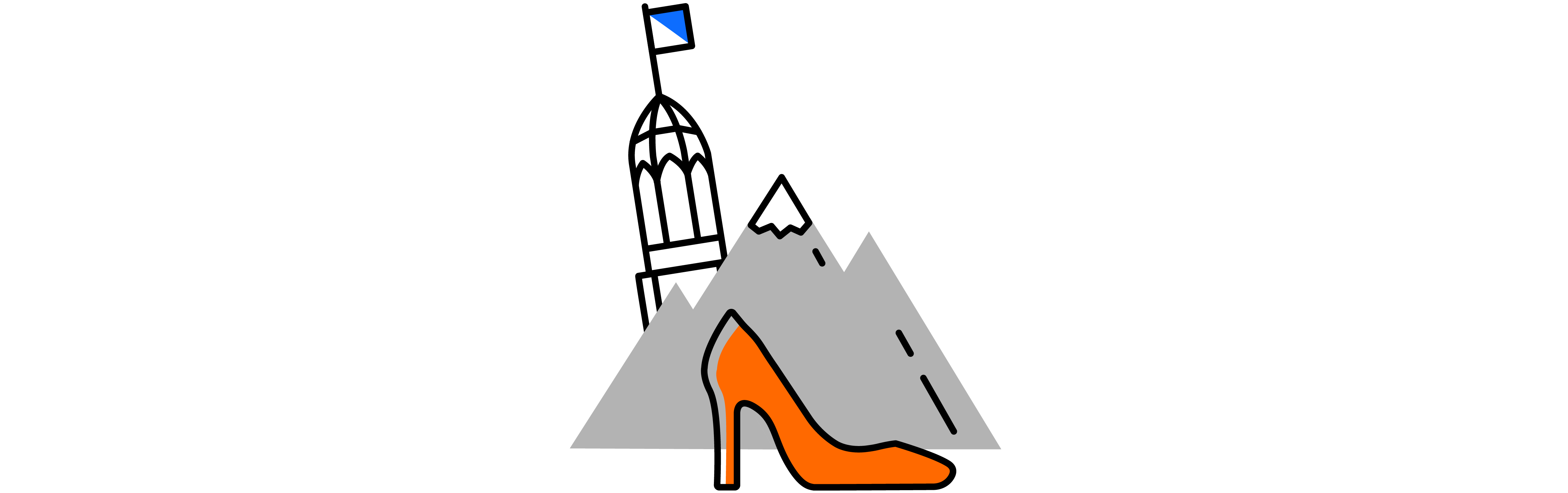 A heel shoe in front of a mountain and a leaning tower