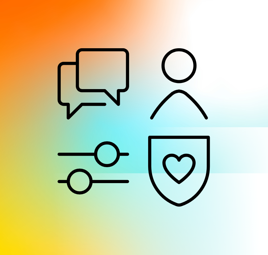 Four symbols (speech bubbles in the form of a dialogue, person icon, two parallel lines with differently placed dots and a label with a heart) centrally in front of a colourful background.