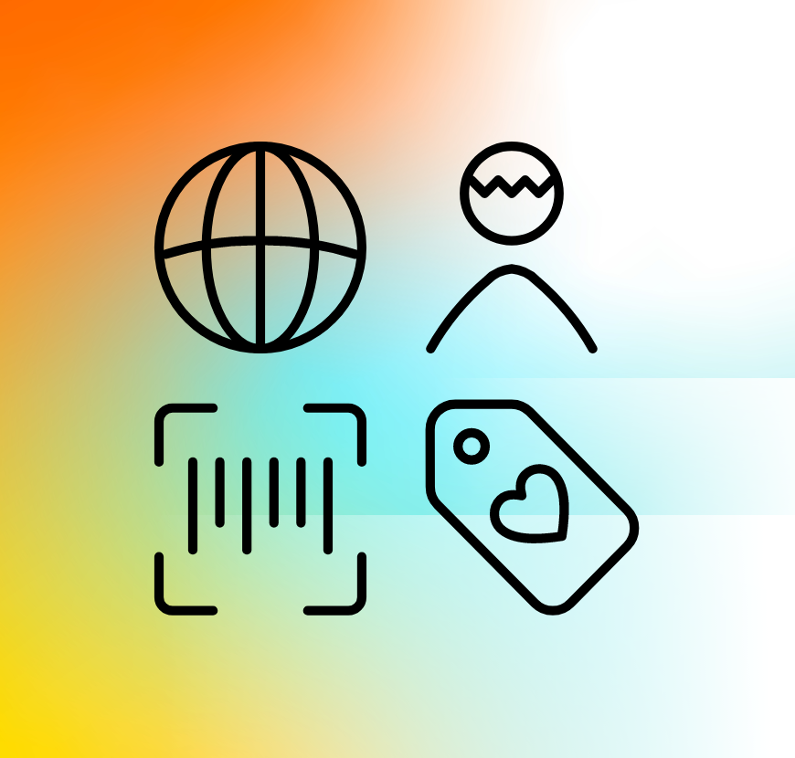Four symbols (globe, person icon with short hair, a square with centrally located parallel lines of different lengths and a label with a heart) centrally located against a colourful background.