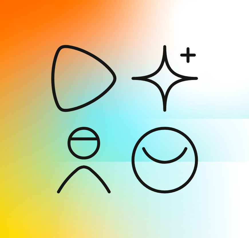 Four symbols (Zalando brand icon, sparkling star, person icon with short hair and a circle representing the workplace) in the centre of a colourful background.