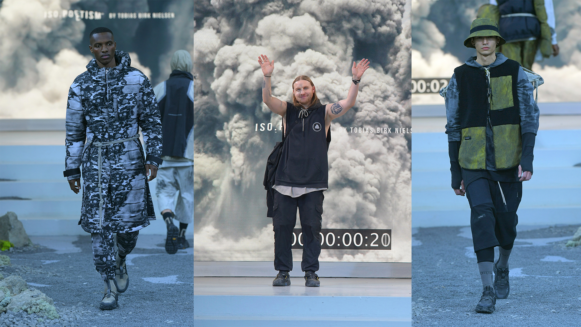 Collage of three images: left and right: male models on the runway; center: award winner waving from the stage