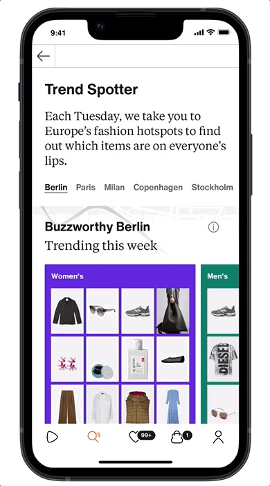 Mobile screen showing the Zalando trend spotter functionality; different trending items of clothing are being shown, each of them has info on how it is currently trending on the website - behind the buzz: this item has X percent increase in likes and add-to-bag