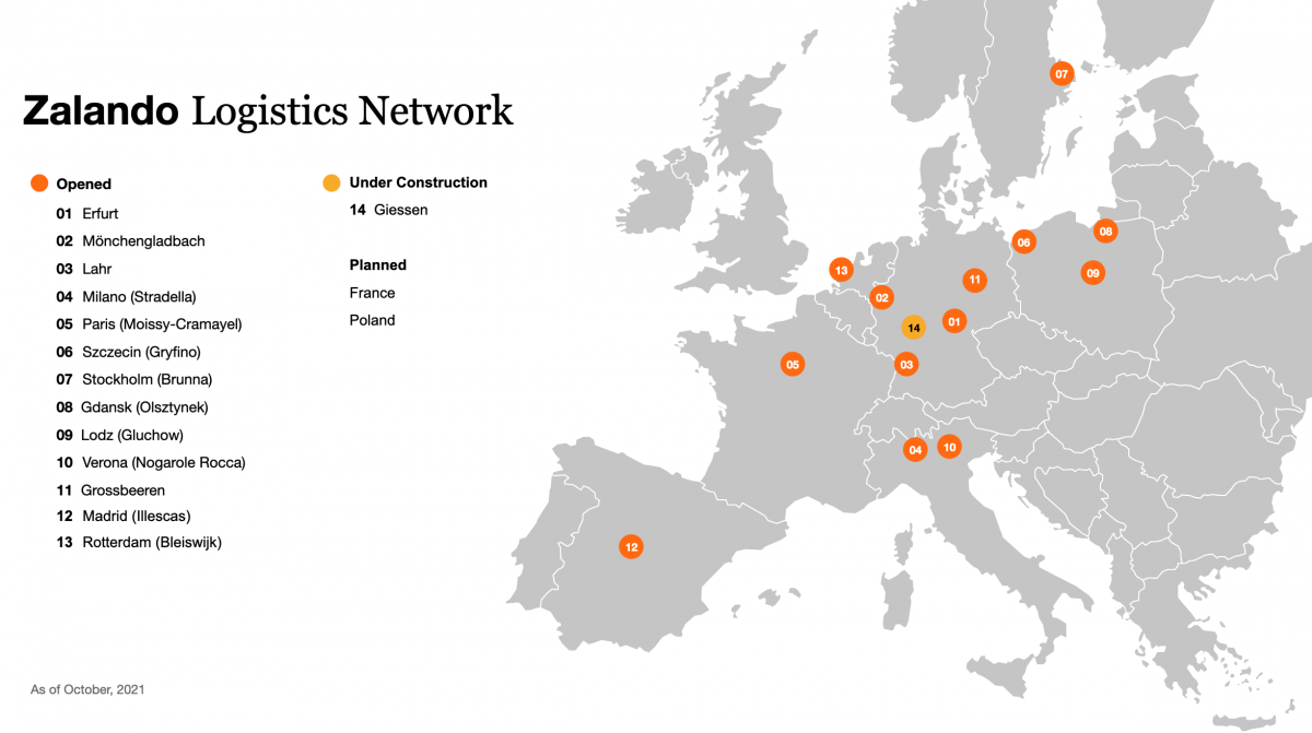 Zalando Logistics Network. Map of Europe.