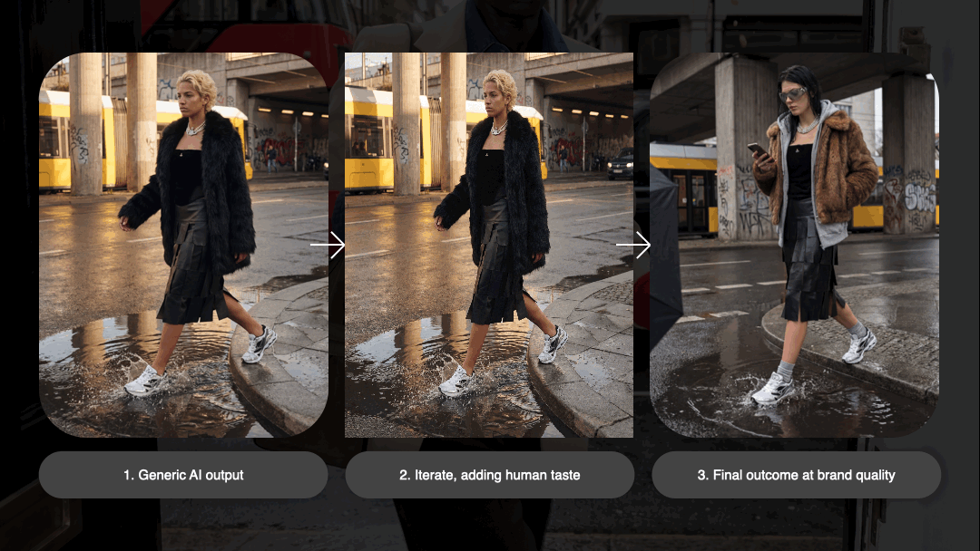 Visualisation: three images - Generic Al output 2. Iterate, adding human taste 3. Final outcome at brand quality