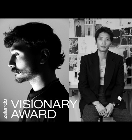 three black and white portraits of the label designers; Zalando Visionary Award