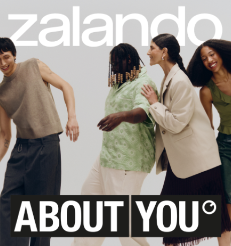 A group of four diverse models; the brand logos of Zalando und About you
