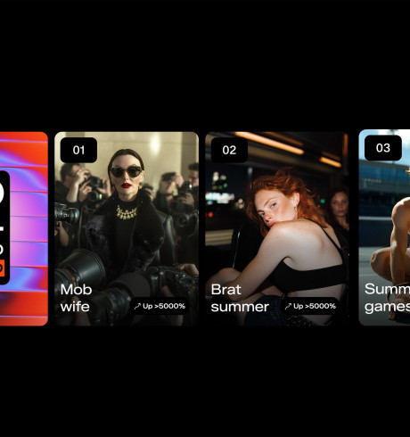 Four images in a reel: 2024 Trend Rewind; 1: Mob wife - woman in black clothes and sunglasses, deep red lipstick, gold necklace; 2: Brat summer - red-haired woman wearing only a bra-like top looking back over her naked shoulder; 3: Summer games - young man in short white sportswear with a tennis racket